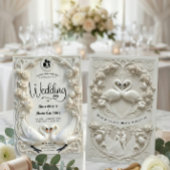 Faux Embossed White Floral Relief Monogram Wedding 招待状