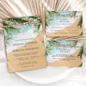 Tropical Beach Palm String Lights Wedding 出欠カード