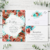 ターコイズとコーラルウォーター色フローラ結婚ズ 招待状 (この独立クリエイターのコレクションをカスタマイズ。)