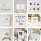Twin Beary First Birthday Teddy Bear Plaid 招待状