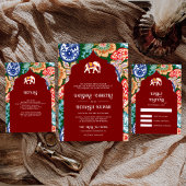 インディアン鮮やかフォークアートエレファントダークレッド結婚ズ 三つ折り招待状