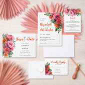 ピンク鮮やかオレンジ色の水の色のフローラ結婚の 招待状 (この独立クリエイターのコレクションをカスタマイズ。)