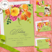 Vibrant Summer Floral Lime Orange Pink Wedding 出欠カード
