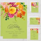 Vibrant Summer Floral Lime Orange Pink Wedding 出欠カード