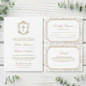 白ビクトリアンと金ゴールドのカトリックQRコード結婚 三つ折り招待状 (この独立クリエイターのコレクションをカスタマイズ。)