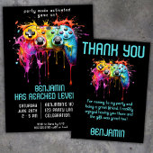 ビデオゲームゲーマーティール(緑がかった色)誕生日パーティー 招待状