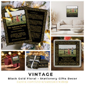 エレガントヴィンテージブラックおよび金ゴールドフローラフレーム写真 ポスター