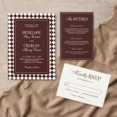 Elegant Vintage Burgundy Checkered Wedding Gold 箔招待状 (この独立クリエイターのコレクションをカスタマイズ。)