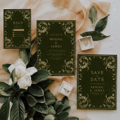ヴィンテージオリーブグリーン金ゴールド結婚式の日付を保存 招待状