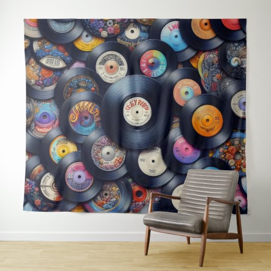Collection Vinyl Record Pattern 80s Retro Spectrum タペストリー (インサイチュ(横))
