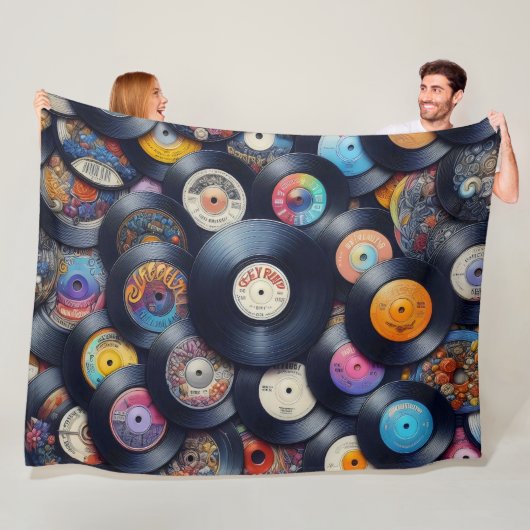 Collection Vinyl Record Pattern 80s Retro Spectrum フリースブランケット (インサイチュ)