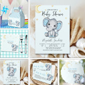Watercolor Elephant Baby Shower Boy, Blue and Gray 招待状