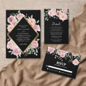 水モダン色フローラブラックと金ゴールド結婚ズ 招待状 (この独立クリエイターのコレクションをカスタマイズ。)