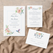 Watercolor Floral Hummingbird Seersucker Wedding 出欠カード (この独立クリエイターのコレクションをカスタマイズ。)