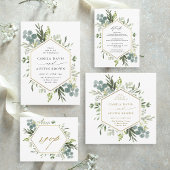 水彩緑の金ゴールド結婚六角の写真 セーブザデート