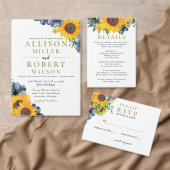 バジェットネイビーサンフラワー素朴結婚式招待状 (この独立クリエイターのコレクションをカスタマイズ。)