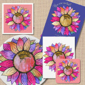 ひまわり夏のピンクと紫 スクエアペーパーコースター