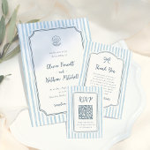 Whimsical Retro Blue Stripes Wedding RSVP  エンクロージャーカード