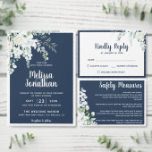 ロマンチックな白の優しい花の青結婚い写真 オールインワン招待状 (この独立クリエイターのコレクションをカスタマイズ。)