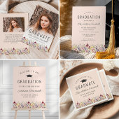 Boho Wildflowers赤面ピンク写真卒業 招待状