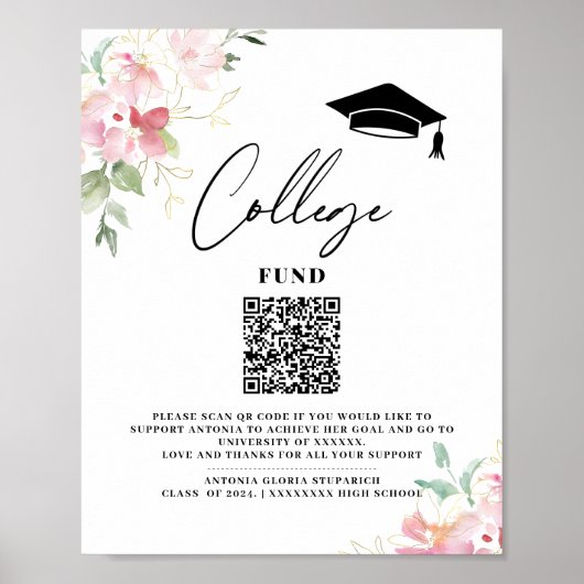College fund floral graduation printable sign ポスター (正面)