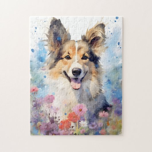 Collieカラフルの水彩画 ジグソーパズル (縦)