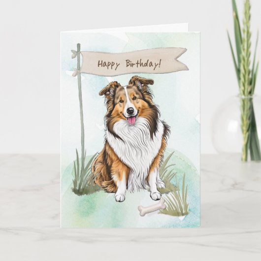 Collie Breed Dog Outdoors Under Birthday Sign カード (正面)
