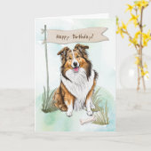 Collie Breed Dog Outdoors Under Birthday Sign カード (黄色い花)
