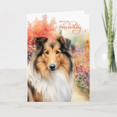 Collie Dog Birthday Wishes Flower Garden カード (正面)