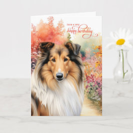 Collie Dog Birthday Wishes Flower Garden カード