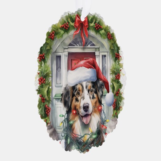 Collie Dog in Santa Hatフロントドアクリスマス オーナメントカード (右)