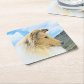 Collie in Mountains (Rough) 絵画's - Dog Art スクエアペーパーコースター (アングル)