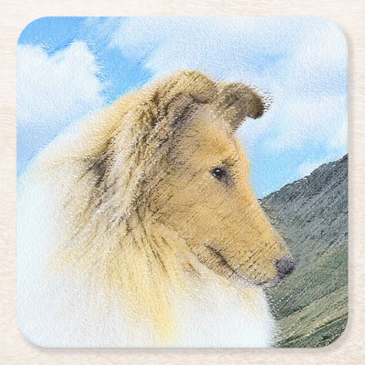Collie in Mountains (Rough) 絵画's - Dog Art スクエアペーパーコースター (正面)