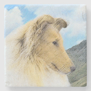 Collie in Mountains (Rough) 絵画's - Dog Art ストーンコースター