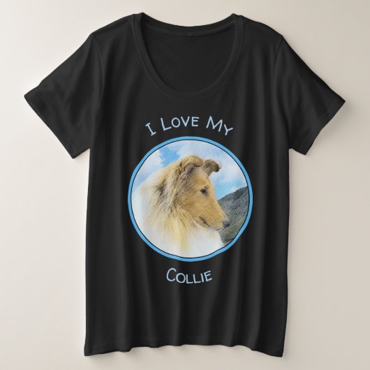 Collie in Mountains (Rough) 絵画's - Dog Art プラスサイズTシャツ (デザイン正面)