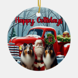 Collies, Santa, Red Truck Ornament セラミックオーナメント