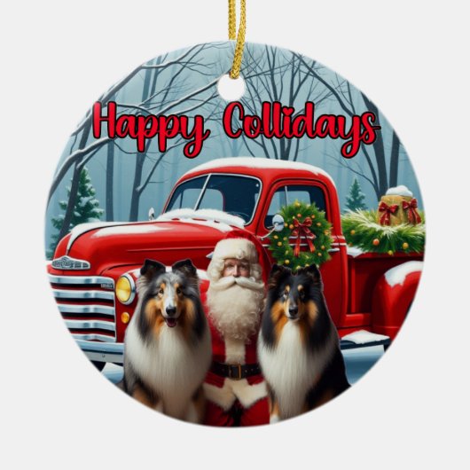 Collies, Santa, Red Truck Ornament セラミックオーナメント (正面)