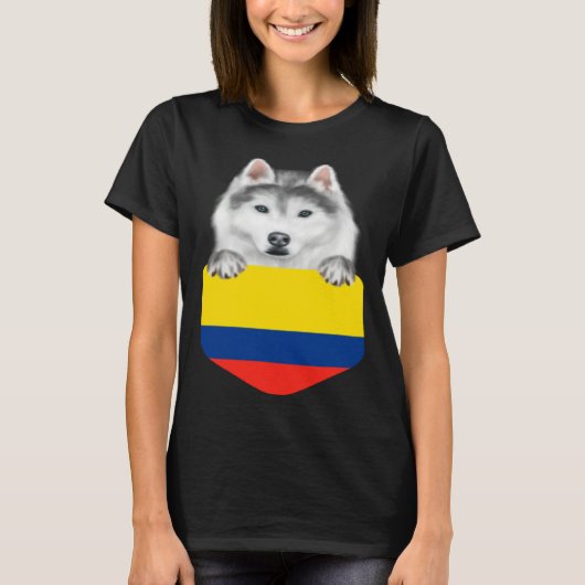 Colombia Flag Siberian Husky Dog In Pocket Tシャツ (正面)