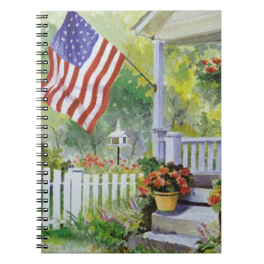 Colonial Country Home American Flag Front Porch ノートブック (正面)