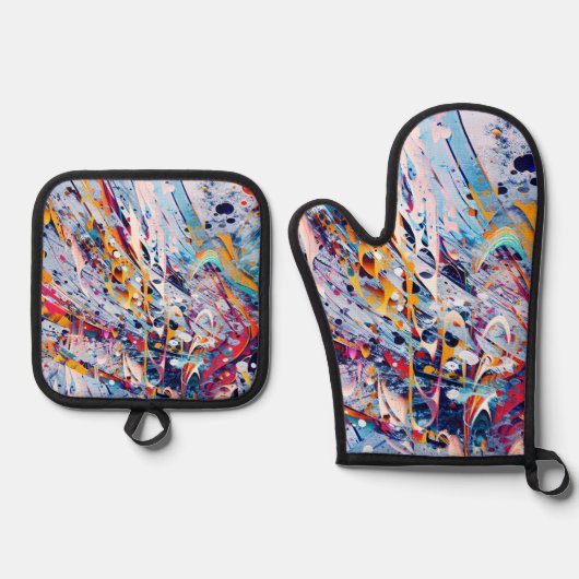 Color Abstract Splatters 鍋つかみ&鍋敷きセット (正面)
