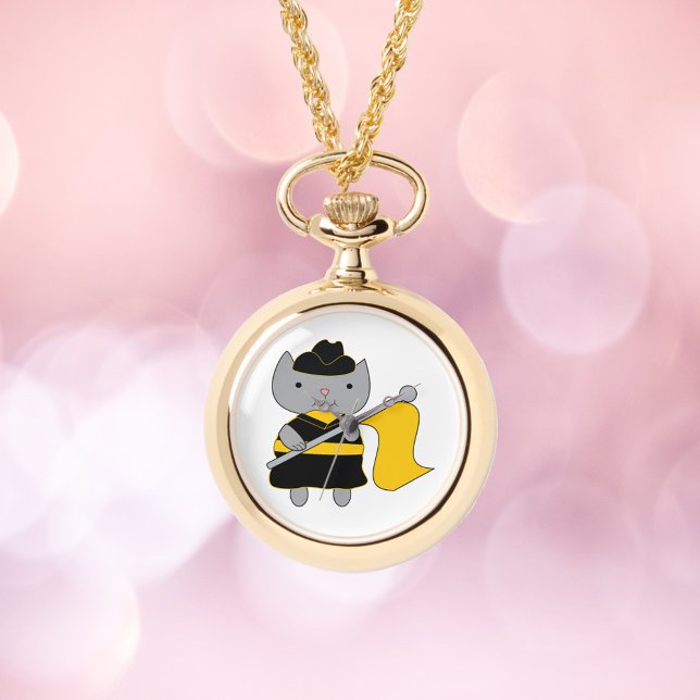 Color Guard Gray Cat Black and Yellow 腕時計 (A watch necklace featuring a cat in a black and yellow color guard uniform.)