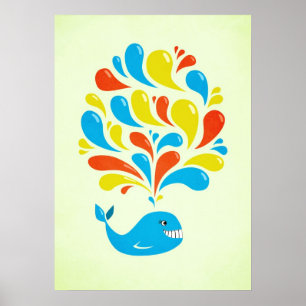 Color Splash Happy Cartoon Whale ポスター