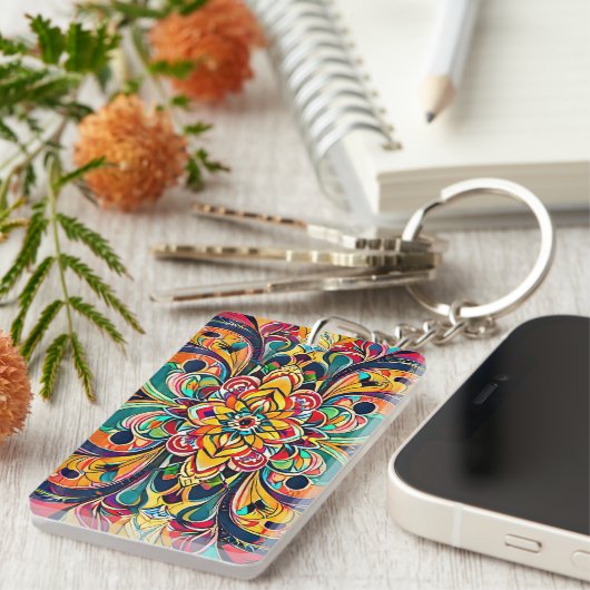 Color Symphony Mandala – Bold Psychedelic Floral キーホルダー (正面右)
