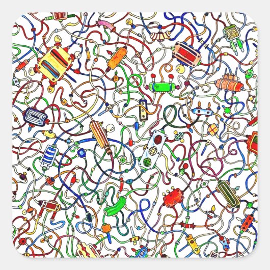 Color Tangled Electrical Wiring Cartoon スクエアシール (正面)