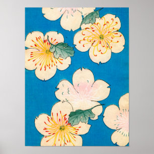 Color Woodblock Print of Dogwood Blossoms ポスター