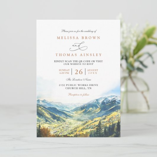 Colorado Mountain Destination QR Code Wedding 招待状 (スタンド正面)
