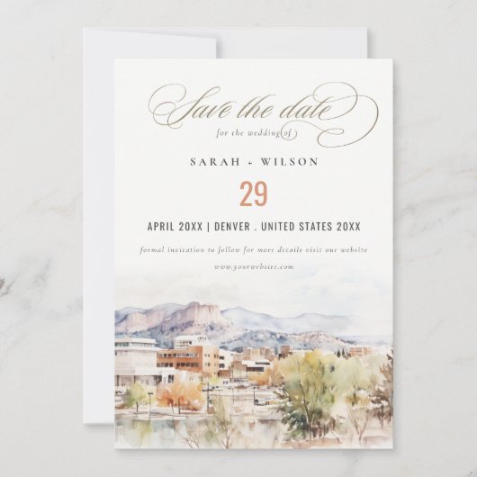 Colorado Springs, Colorado Watercolor Wedding セーブザデート (正面)
