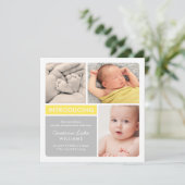 Colorblockフォトコラージュイエロー男の赤ちゃん誕生 案内状 (スタンド正面)