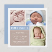 Colorblockフォトコラージングブルー男の赤ちゃん誕生 案内状 (正面/裏面)