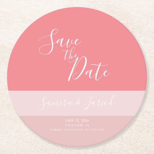 Colorblock 3トーンピンク日付を保存 ラウンドペーパーコースター (正面)